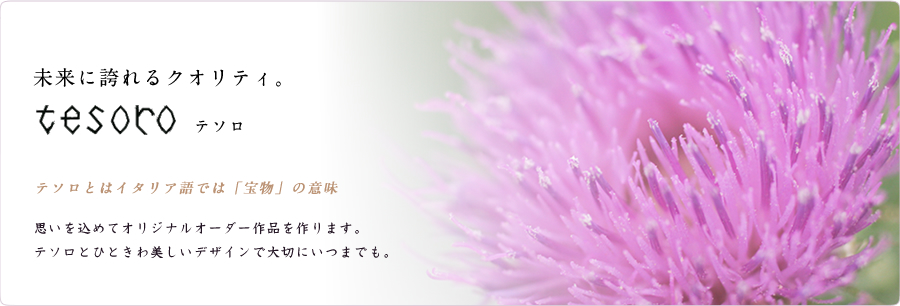 未来に誇れるクオリティ　tesoro（テソロ）。テソロとはイタリア語では「宝物」の意味。思いを込めてオリジナルオーダー作品を作ります。テソロとひときわ美しいデザインで大切にいつまでも。
